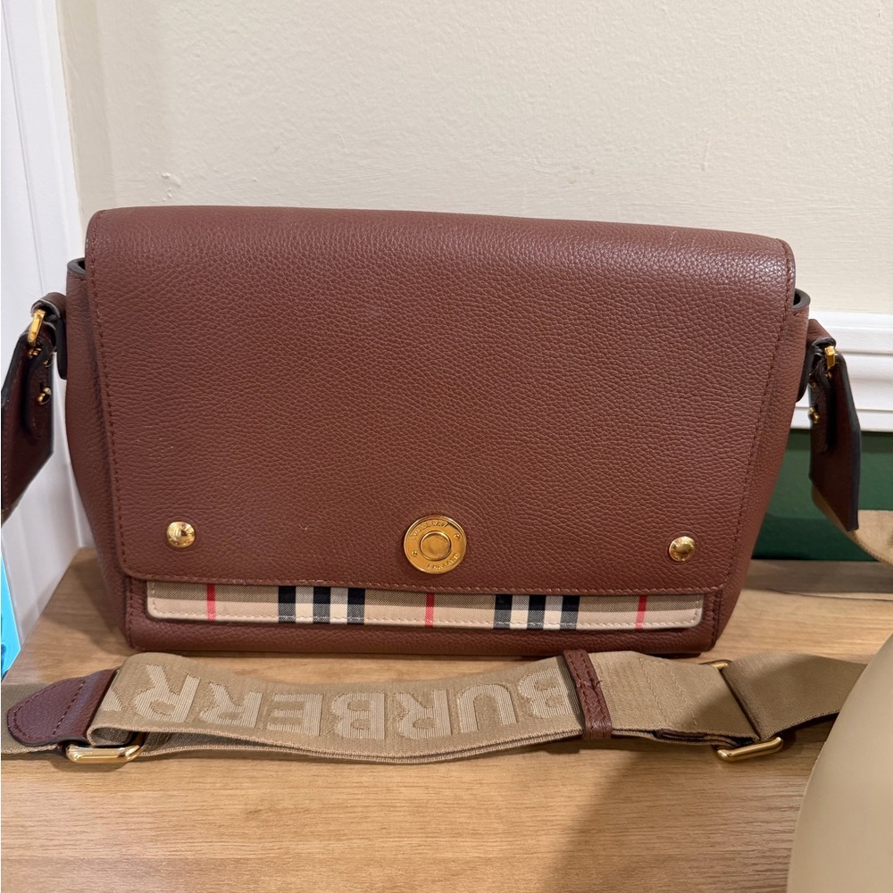 Burberry Brown Leather Messenger Bag with Signature Check Trim